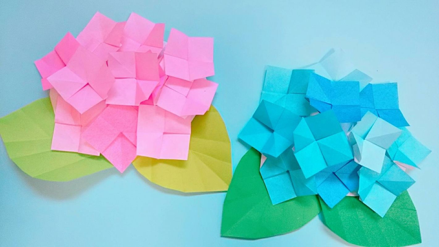 折り紙であじさい立体の作り方 簡単な折り方で葉っぱ付きの花を作る ちょちょいの工作部屋